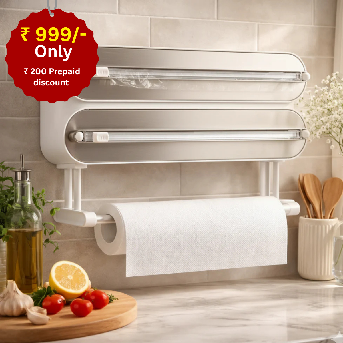 Multi-Functional 3-in-1 Kitchen Wrap Dispenser with Cutter